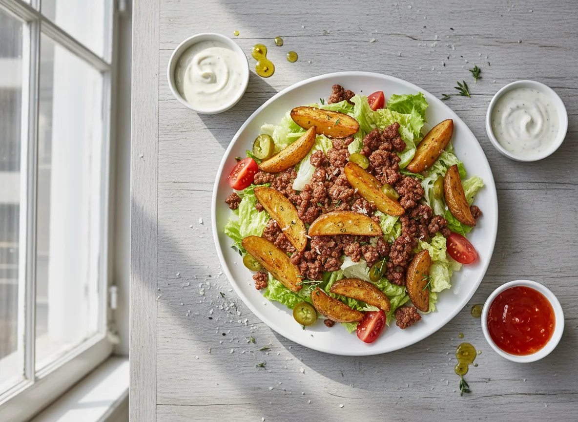 Salat mit Hackfleisch, Kartoffelspalten und Saucen photo