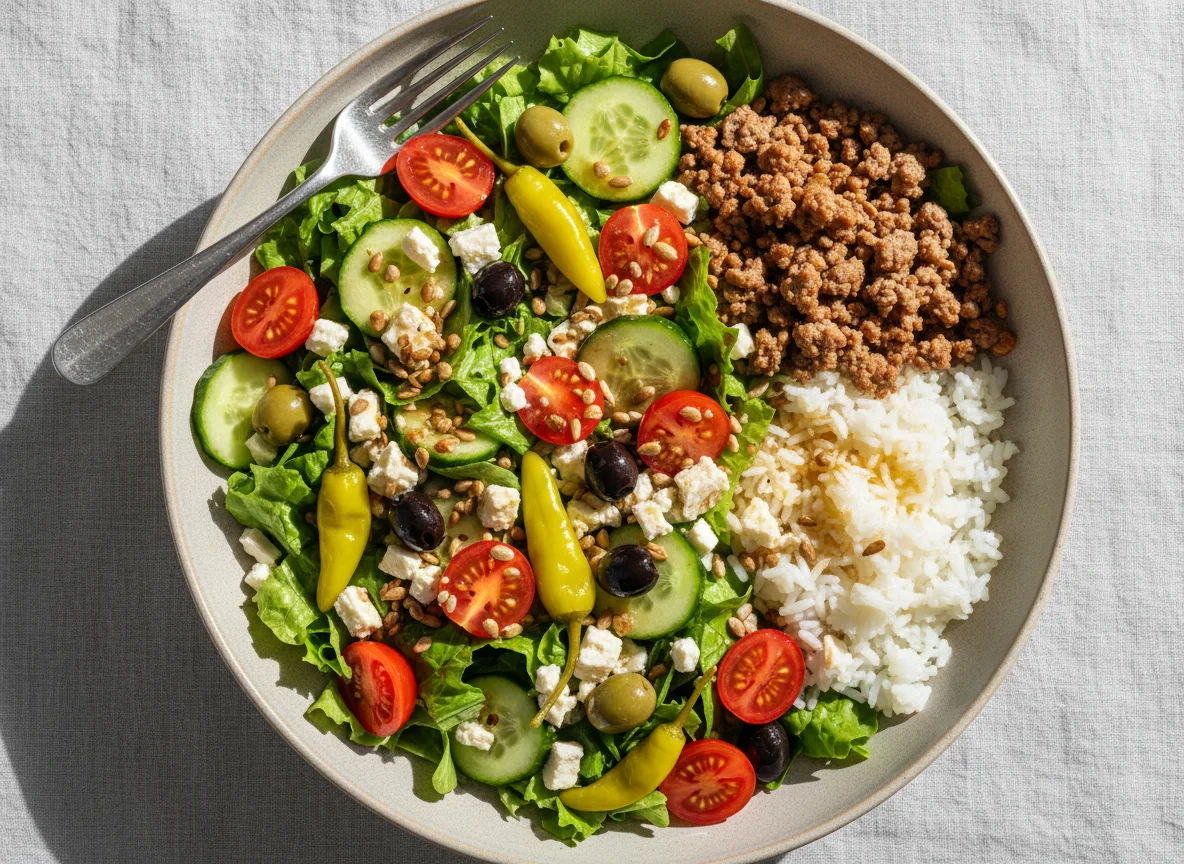 Salat mit Hackfleisch und Reis photo