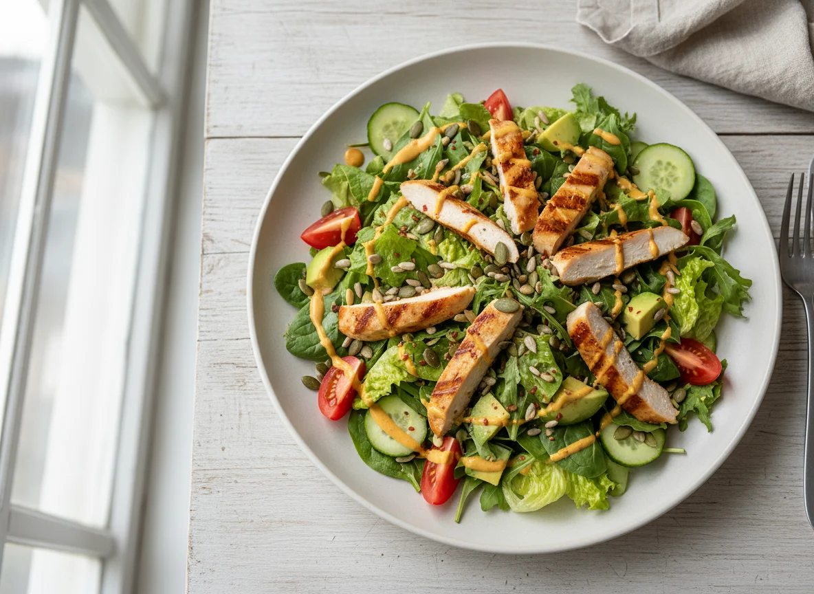 Salat mit Hähnchen, Avocado und Kernen photo