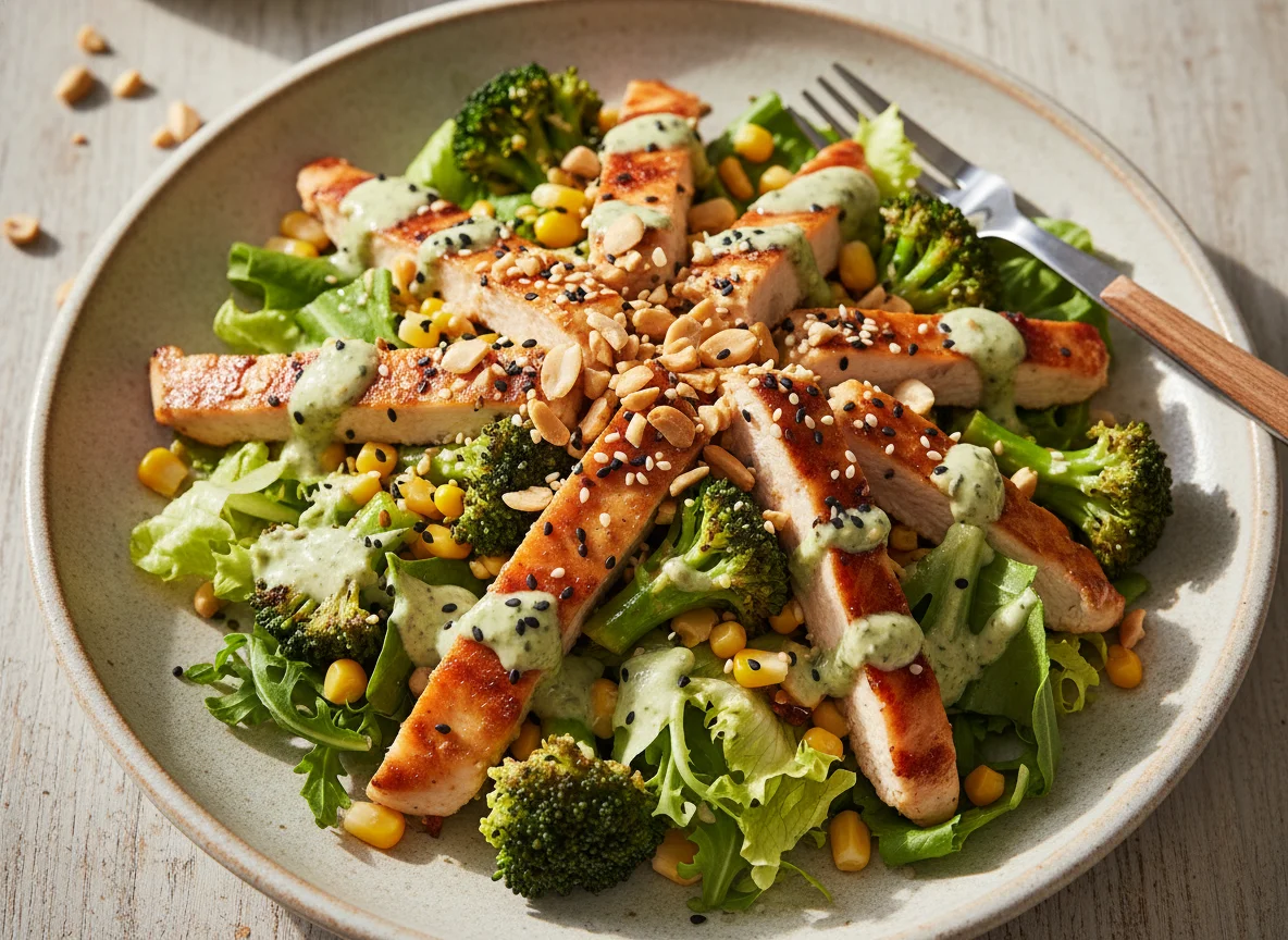Salat mit Hähnchen, Brokkoli und Erdnüssen photo