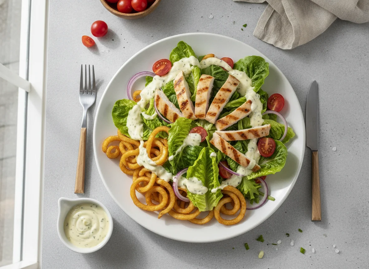 Salat mit Hähnchen, Curly Fries und Dressing photo