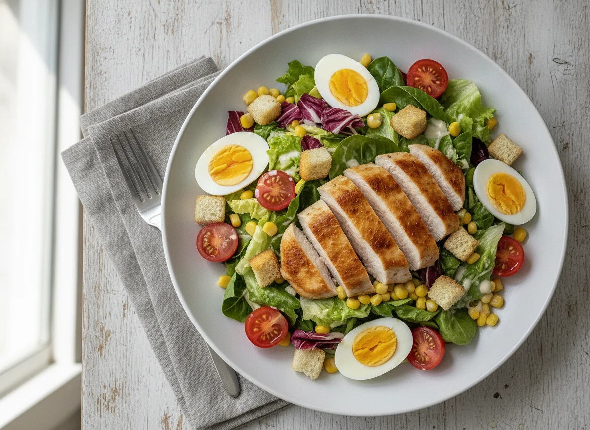 Salat mit Hähnchen, Ei und Croutons photo