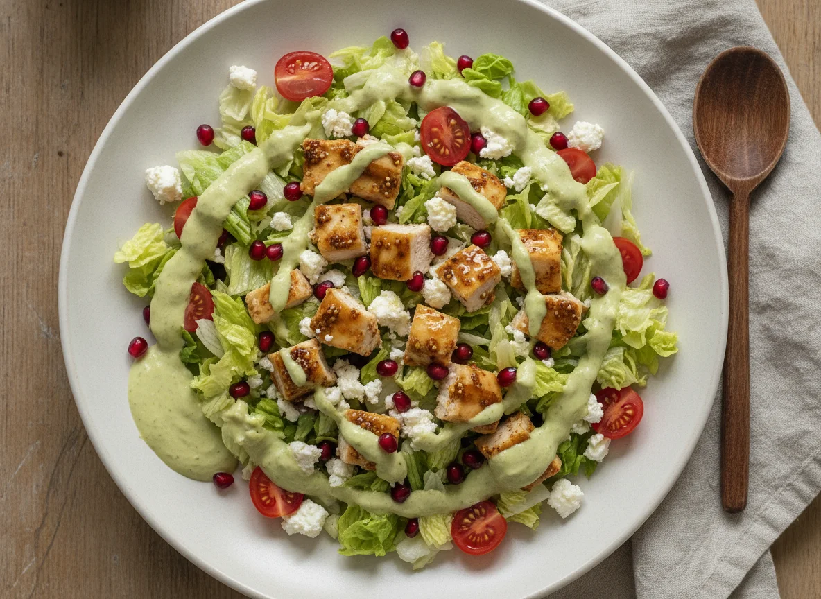 Salat mit Hähnchen, Feta und Avocado-Joghurt-Dressing photo
