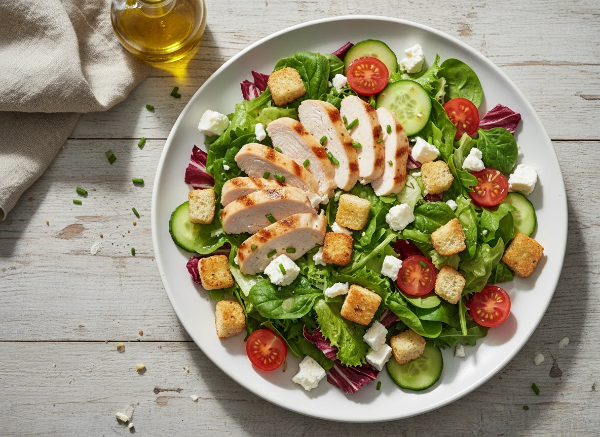 Salat mit Hähnchen, Feta und Croutons photo