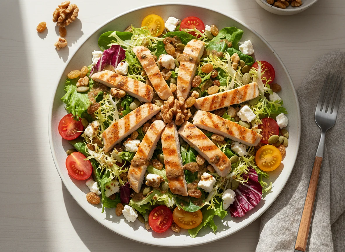 Salat mit Hähnchen, Feta und Dressing photo