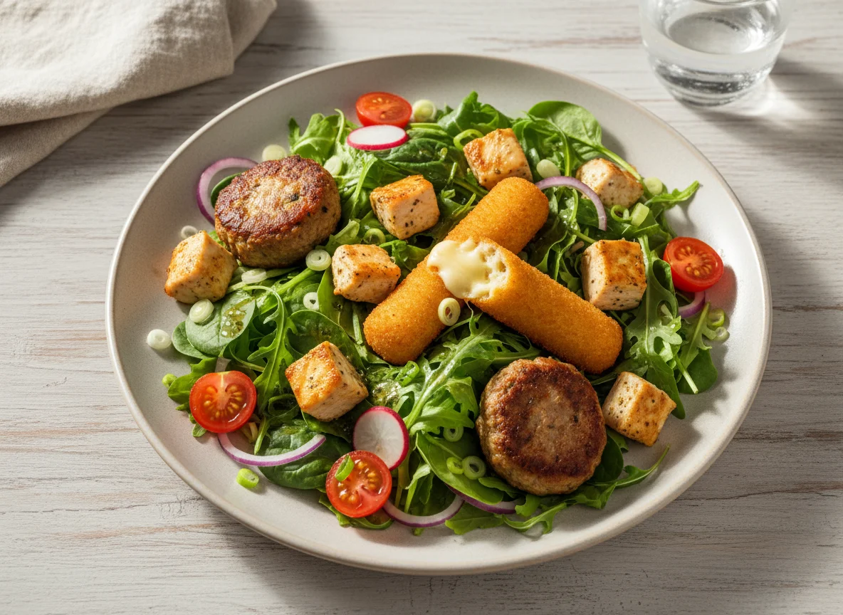 Salat mit Hähnchen, Frikadellen und Mozzarella-Stick photo