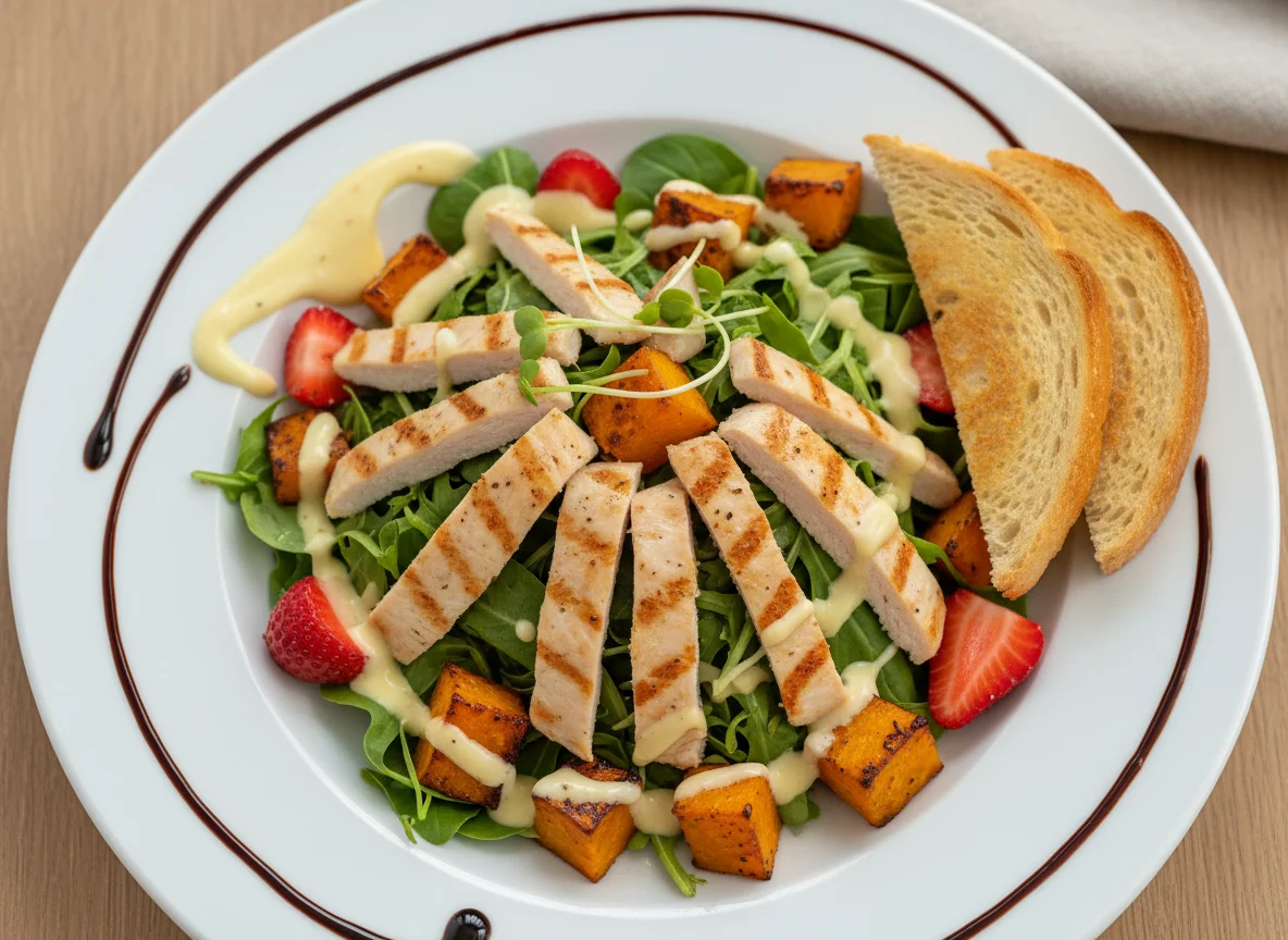 Salat mit Hähnchen, Kürbis und Erdbeeren photo