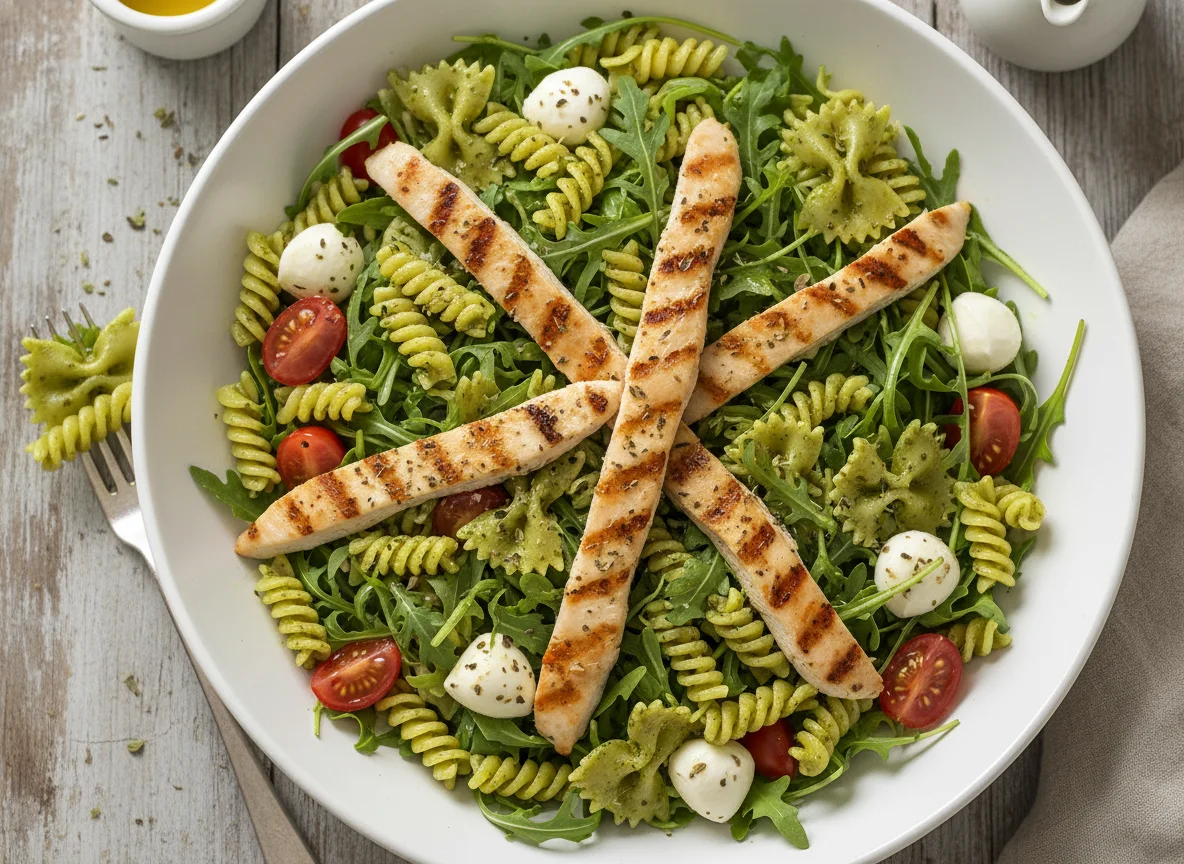 Salat mit Hähnchen, Pasta und Pesto photo