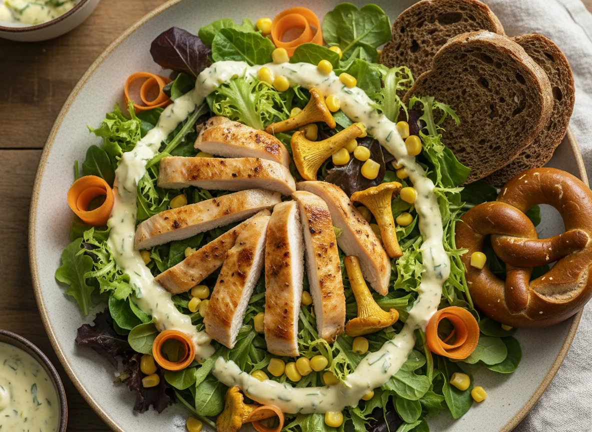 Salat mit Hähnchen, Pfifferlingen und cremigem Dressing photo