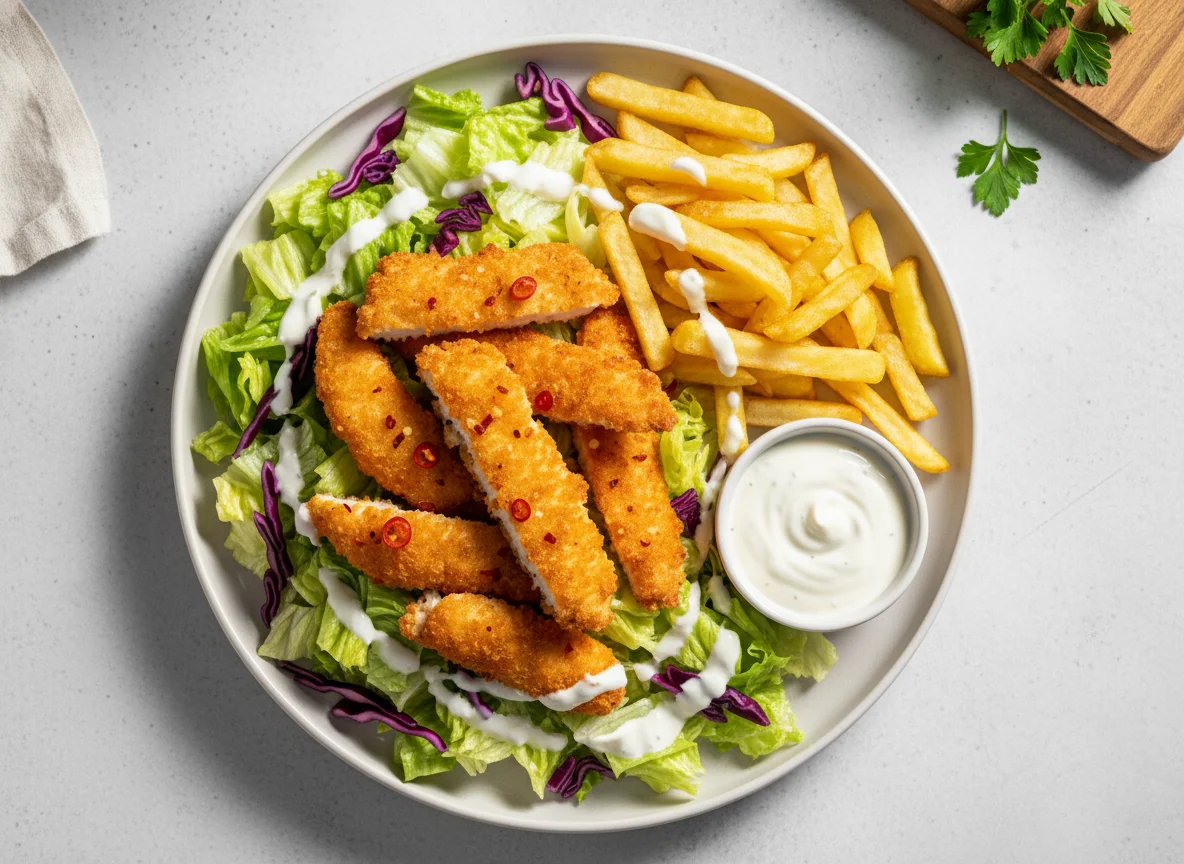 Salat mit Hähnchen, Pommes und Dressing photo