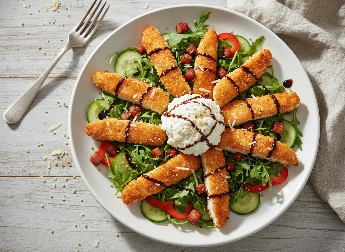 Salat mit Hähnchen, Speck und Hüttenkäse photo