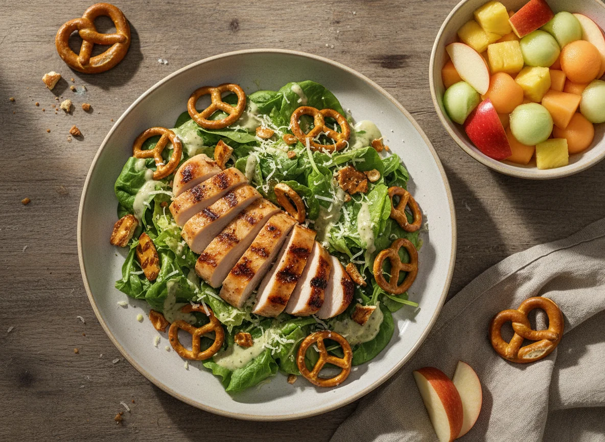 Salat mit Hähnchen und Brezelstücken, dazu Obstsalat photo