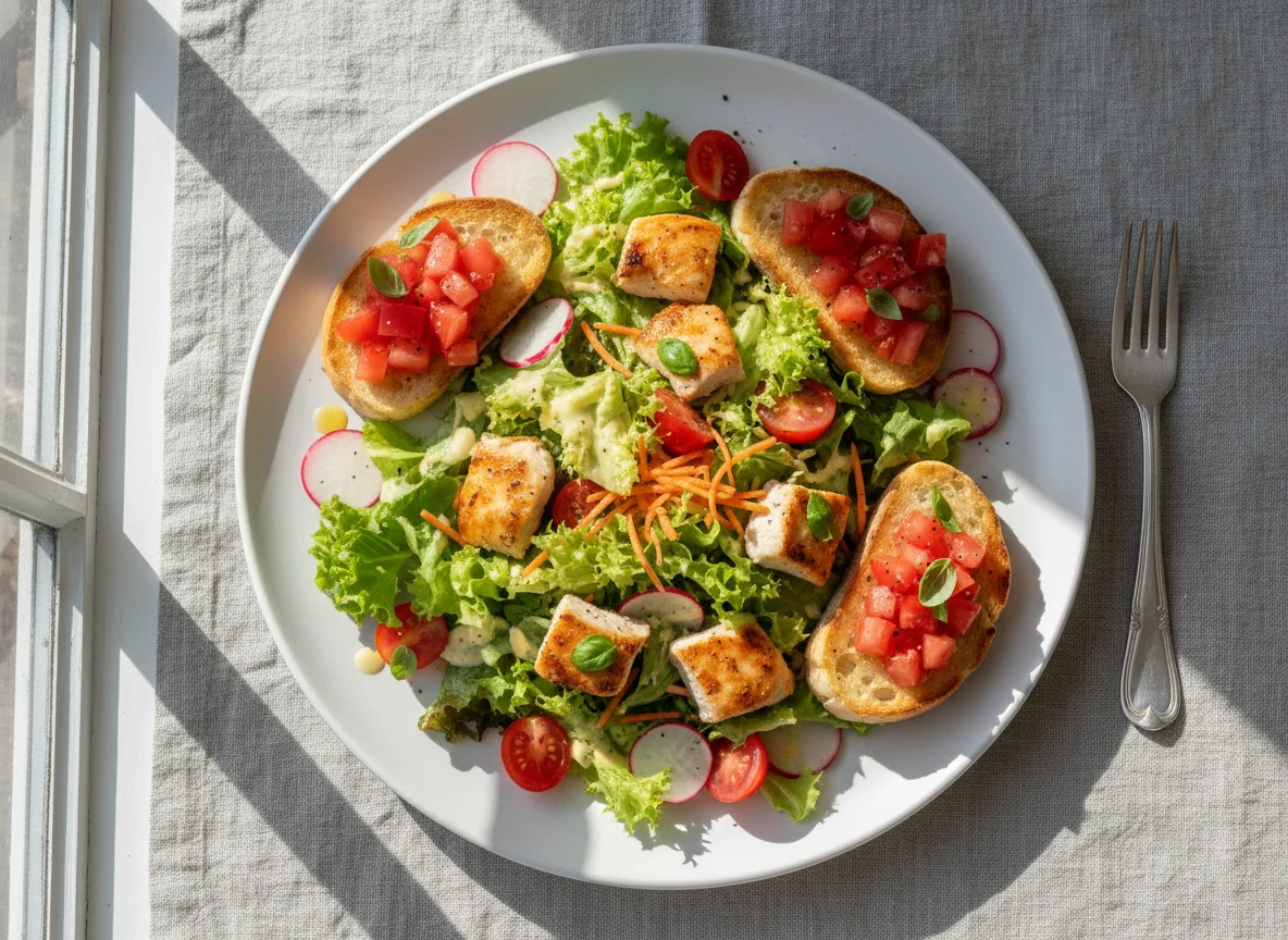 Salat mit Hähnchen und Bruschetta photo