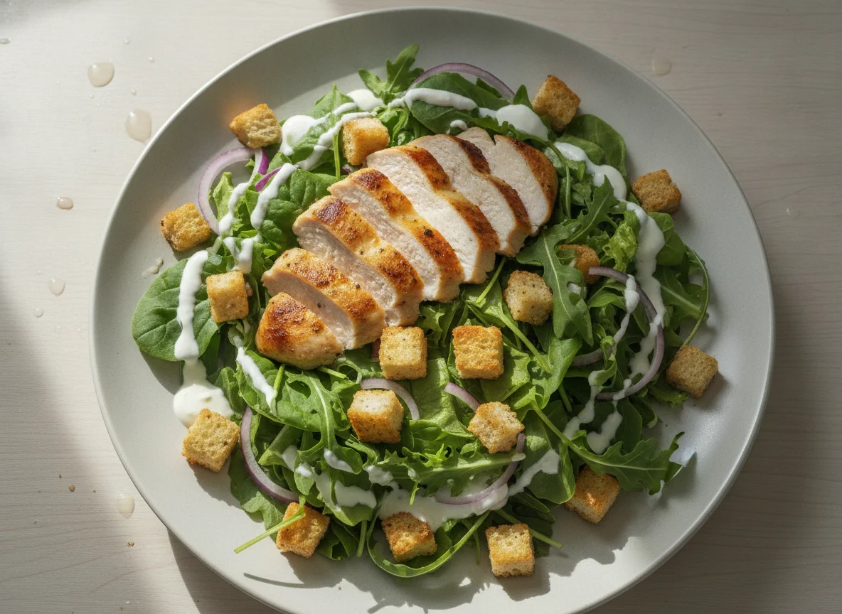 Salat mit Hähnchen und Croutons photo