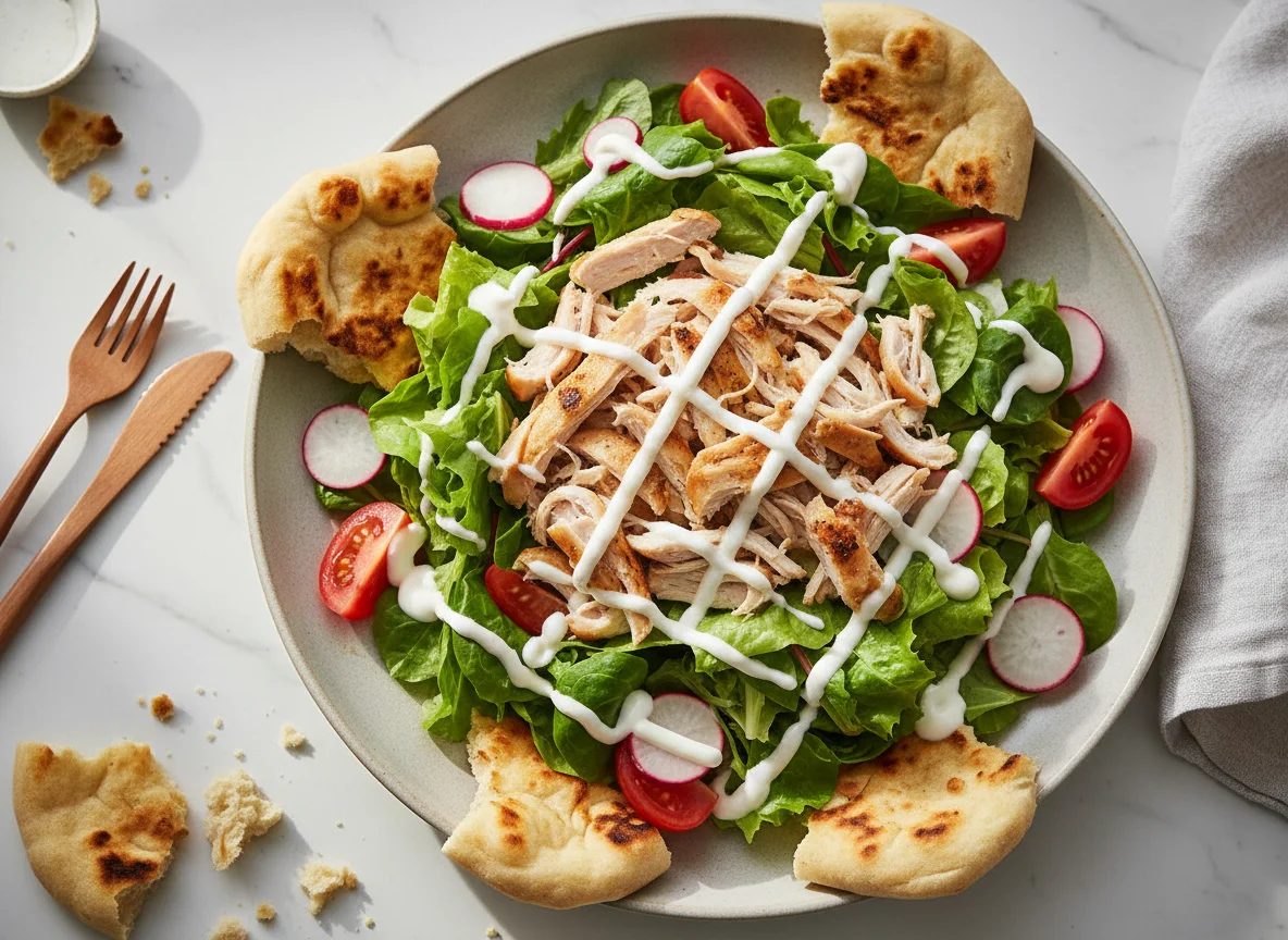 Salat mit Hähnchen und Fladenbrot photo