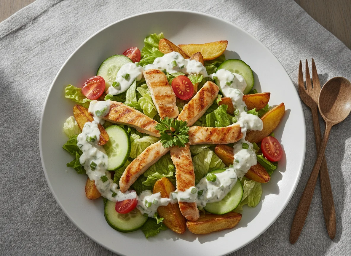 Salat mit Hähnchen und Quark-Zwiebel-Dressing photo