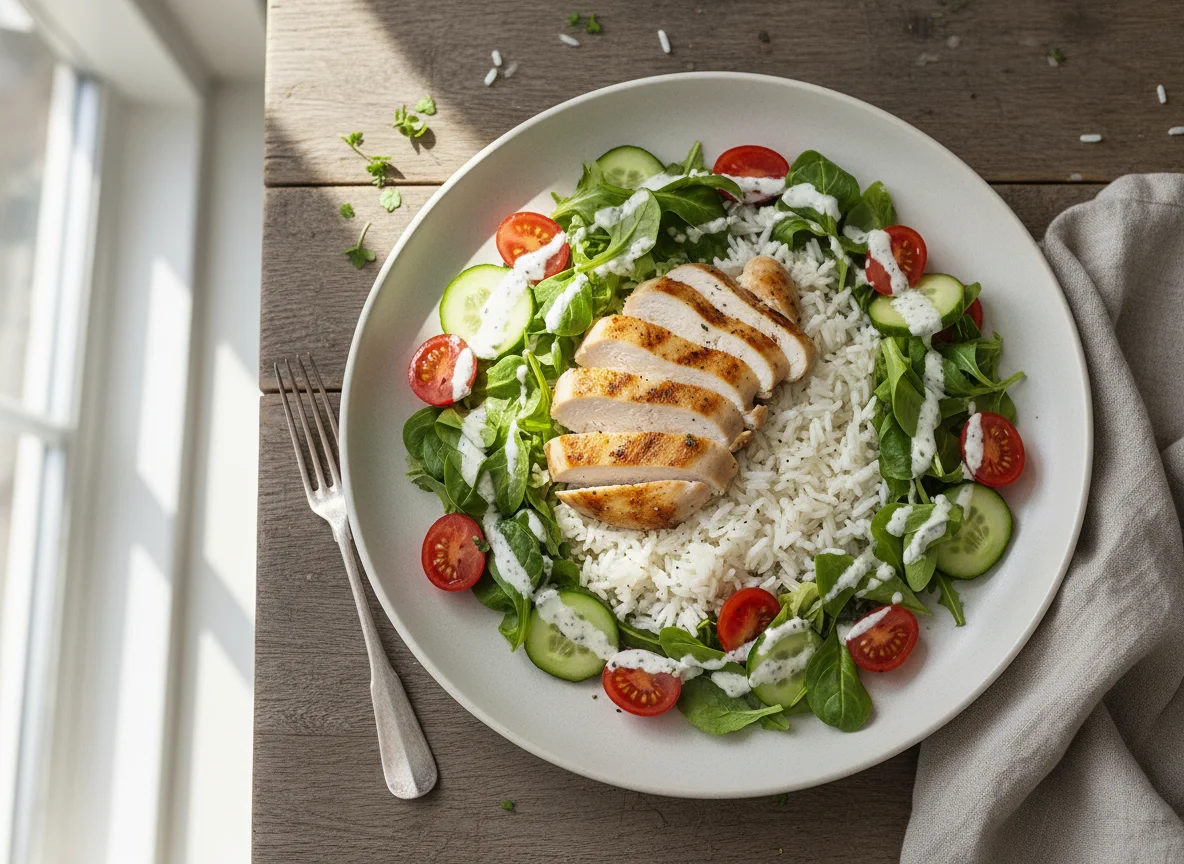 Salat mit Hähnchen und Reis photo