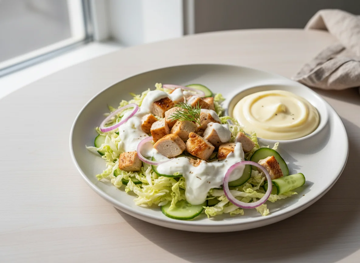 Salat mit Hähnchen und Vanillepudding photo