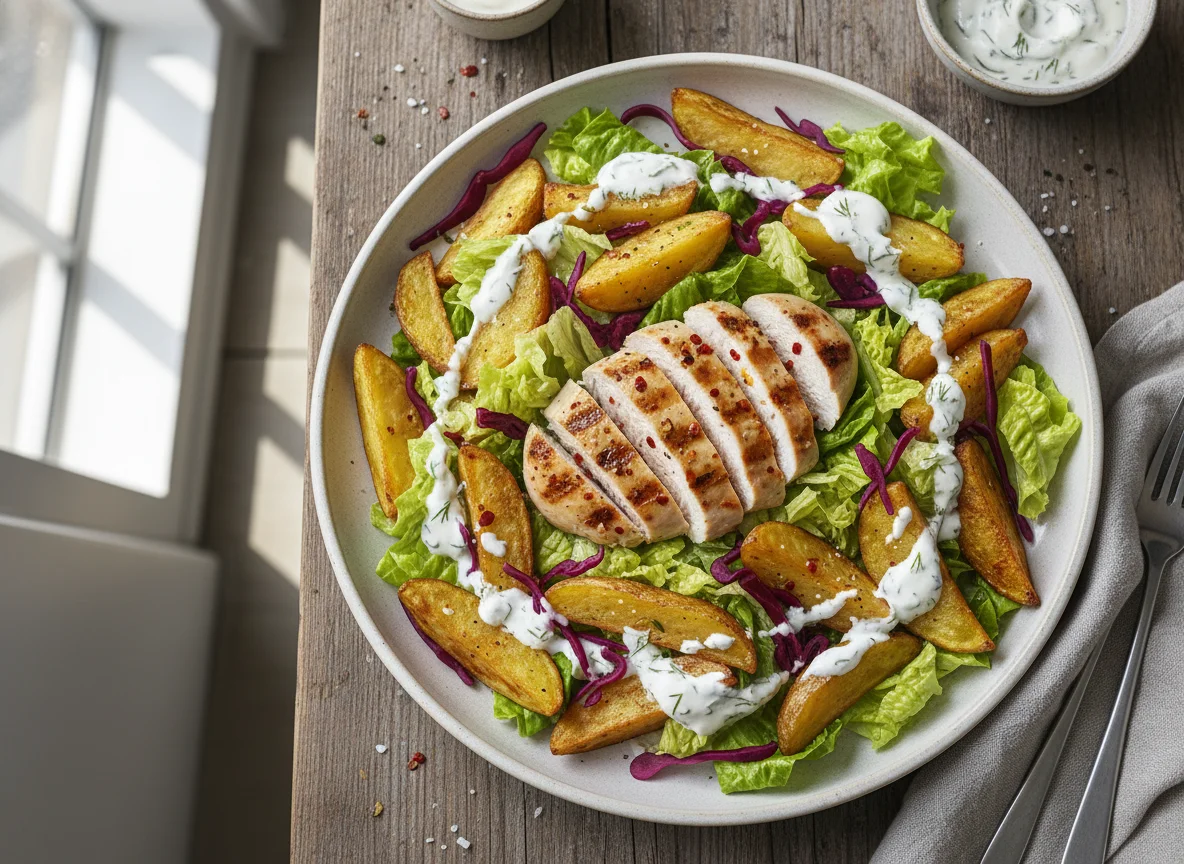 Salat mit Hähnchenbrust, Kartoffelspalten und Dressing photo