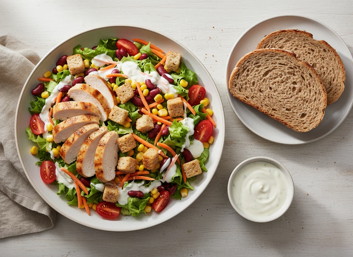 Salat mit Hähnchenbrust und Brot photo