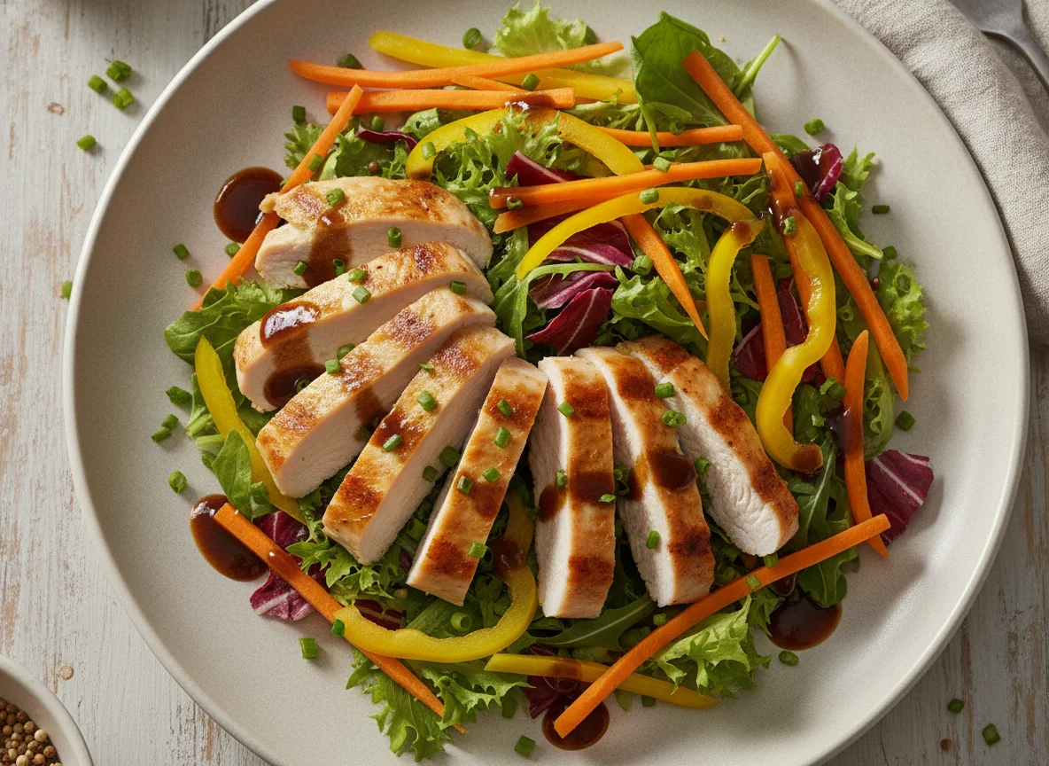 Salat mit Hähnchenbrust und dunkler Soße photo