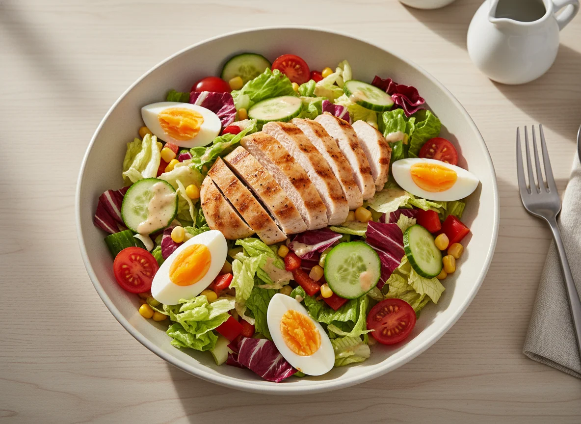 Salat mit Hähnchenbrust und Ei photo