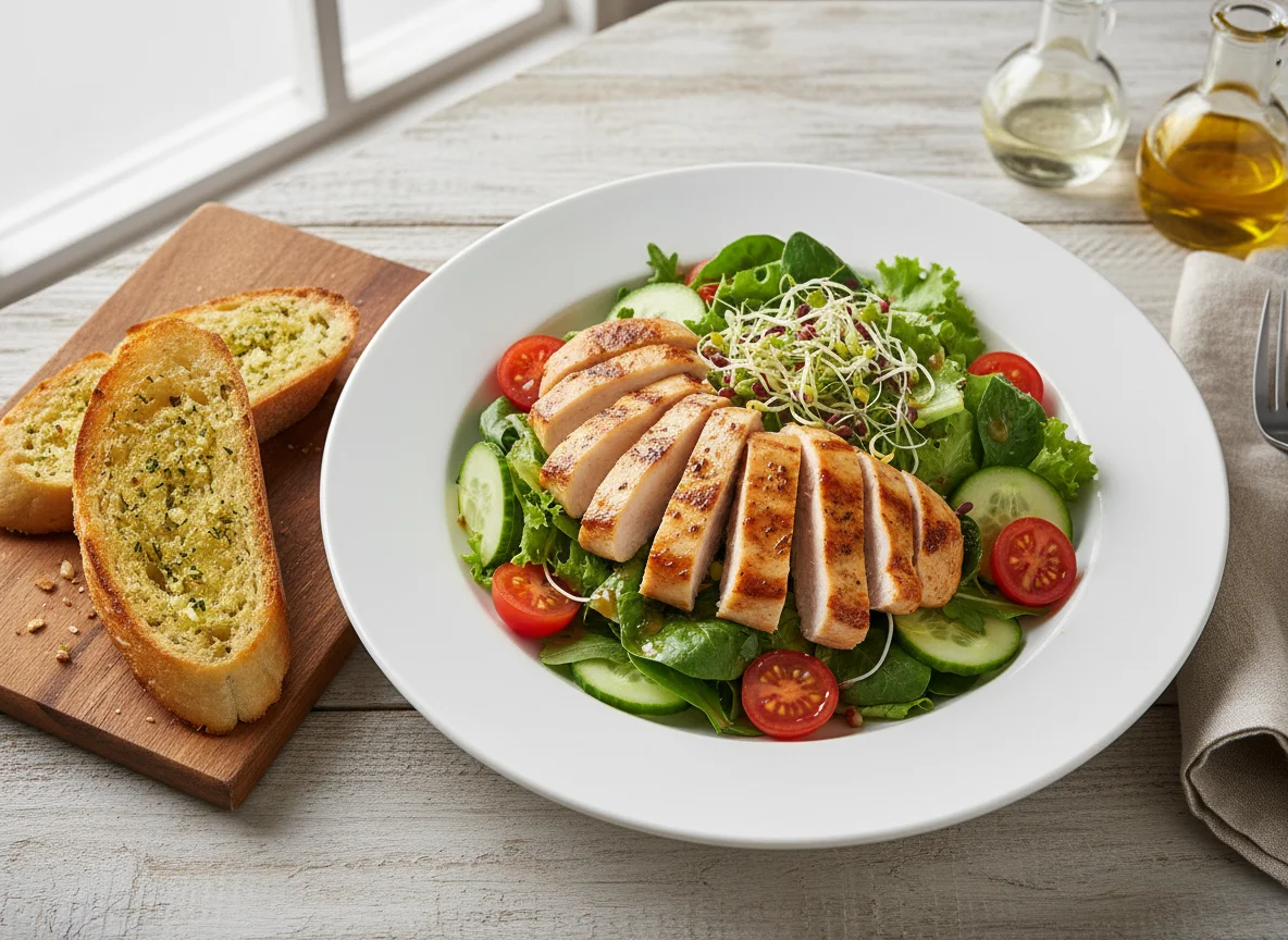 Salat mit Hähnchenbrust und Knoblauchbrot photo