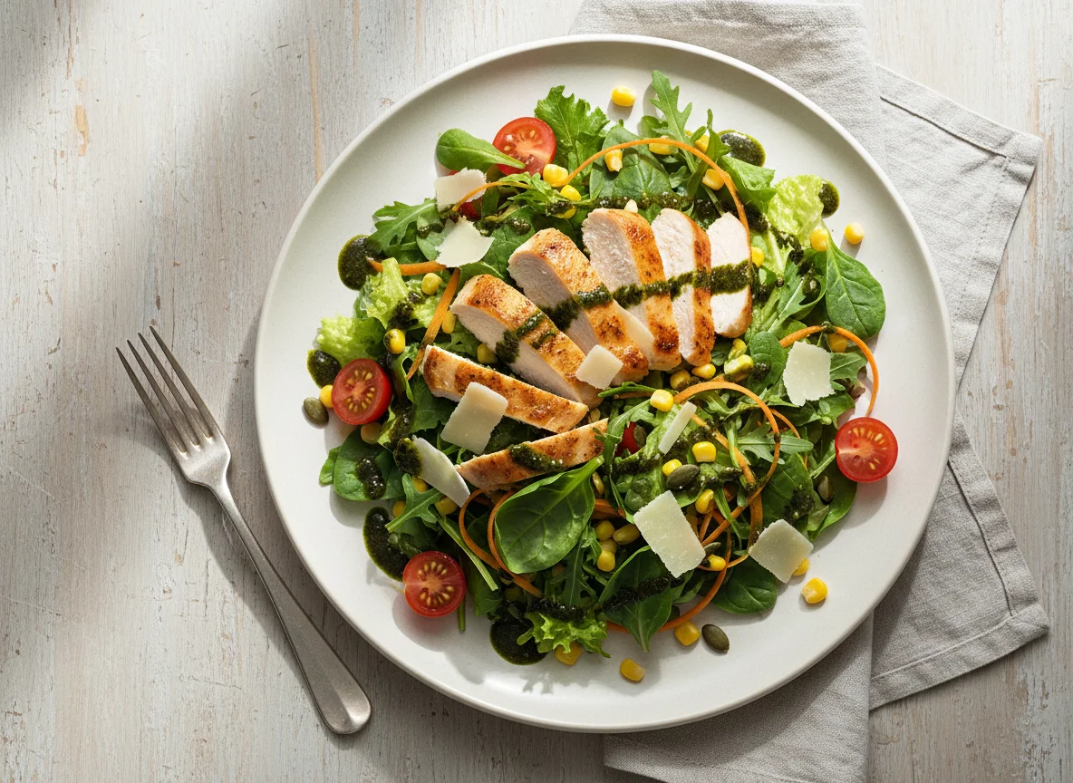 Salat mit Hähnchenbrust und Kürbiskernöl-Dressing photo