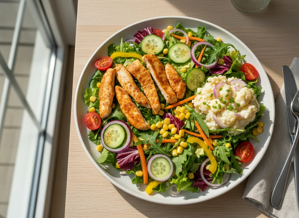 Salat mit Hähnchenbruststreifen und Kartoffelsalat photo
