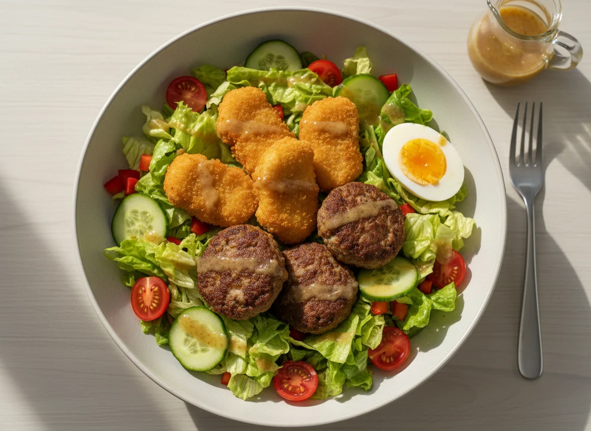 Salat mit Hähnchen-Nuggets, Frikadellen und Ei photo