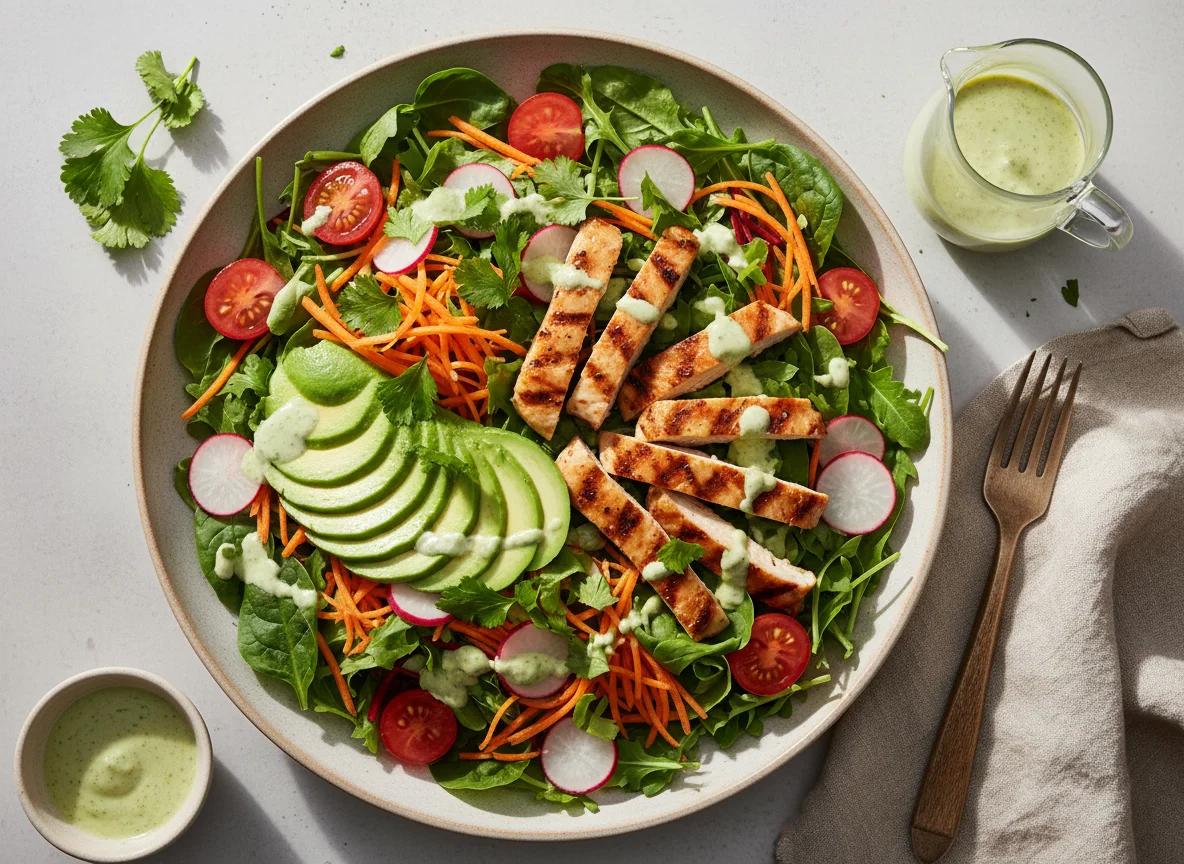 Salat mit Hähnchenstreifen und Avocado photo