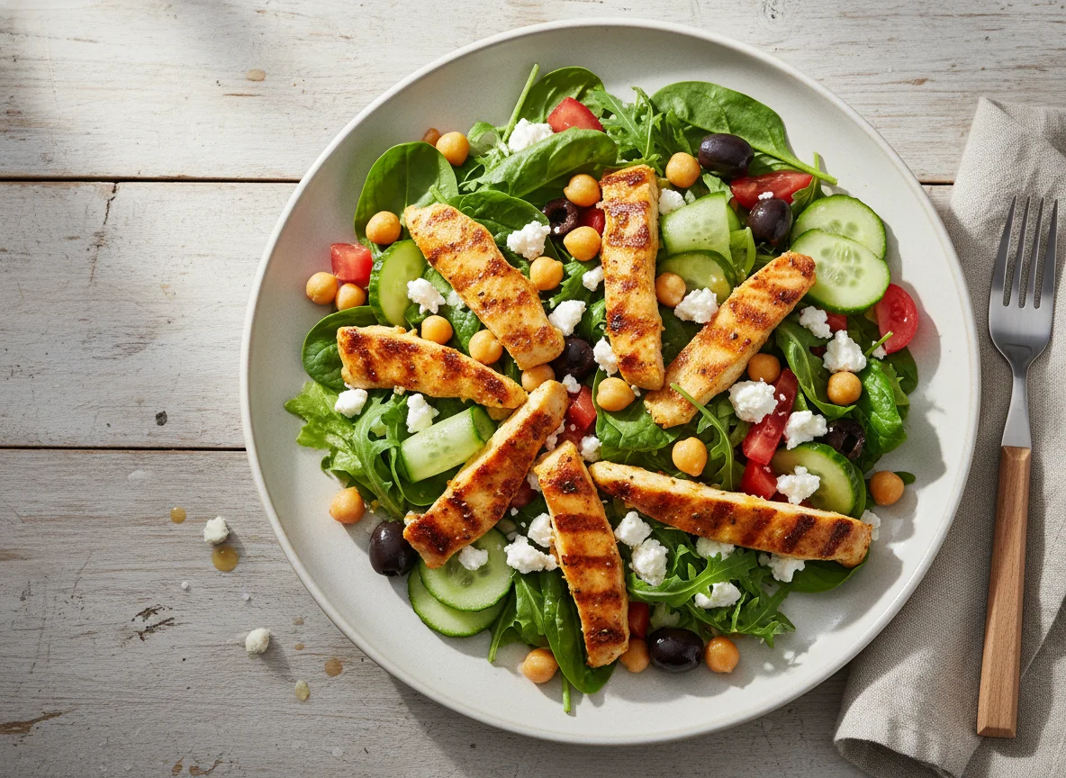 Salat mit Hähnchenstreifen und Kichererbsen photo