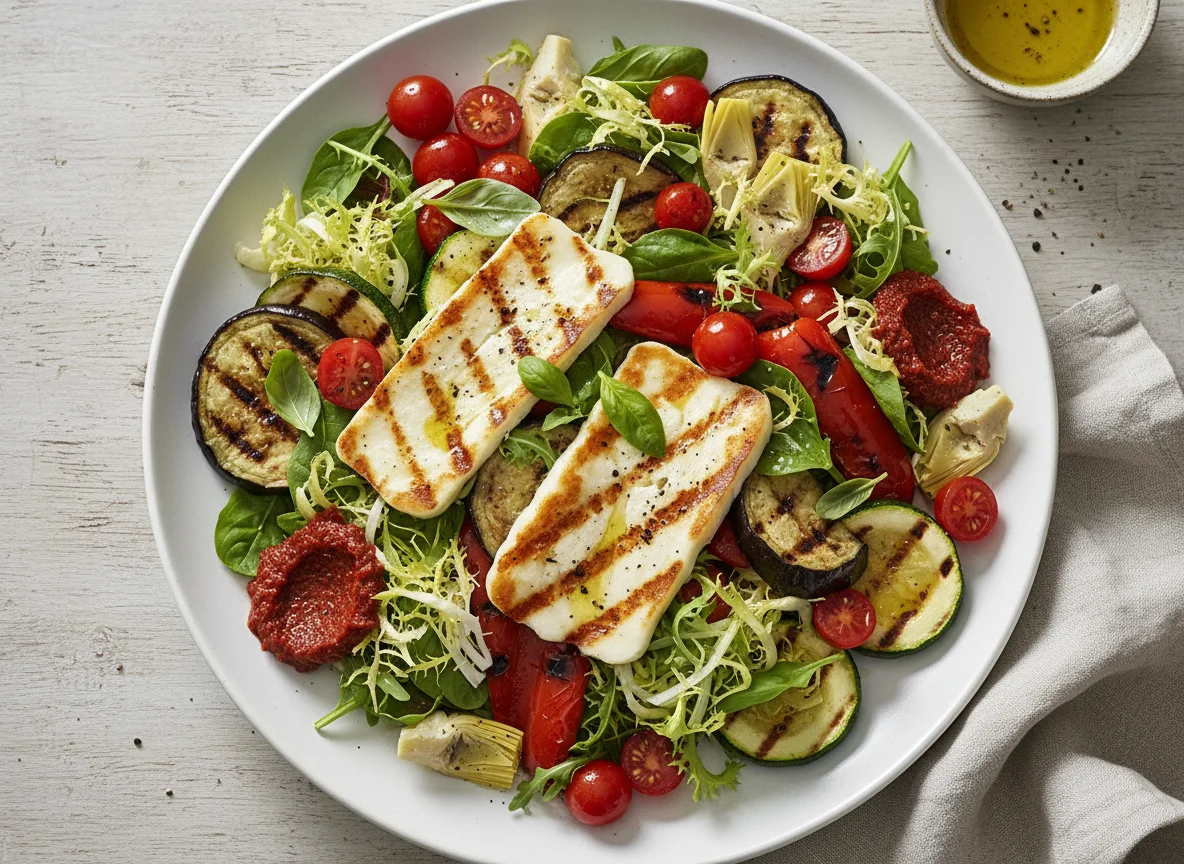 Salat mit Halloumi und gegrilltem Gemüse photo