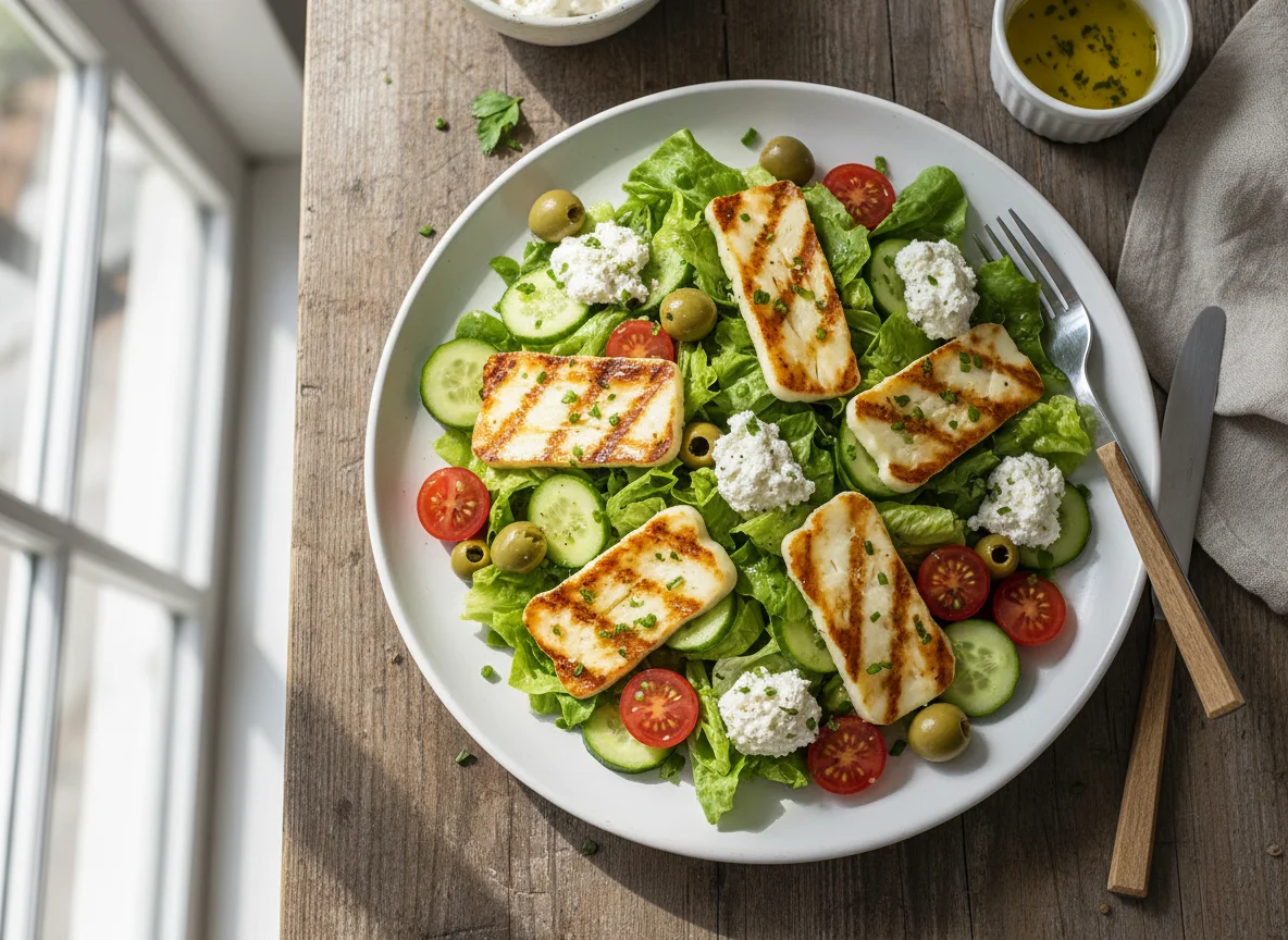 Salat mit Halloumi und Hüttenkäse photo