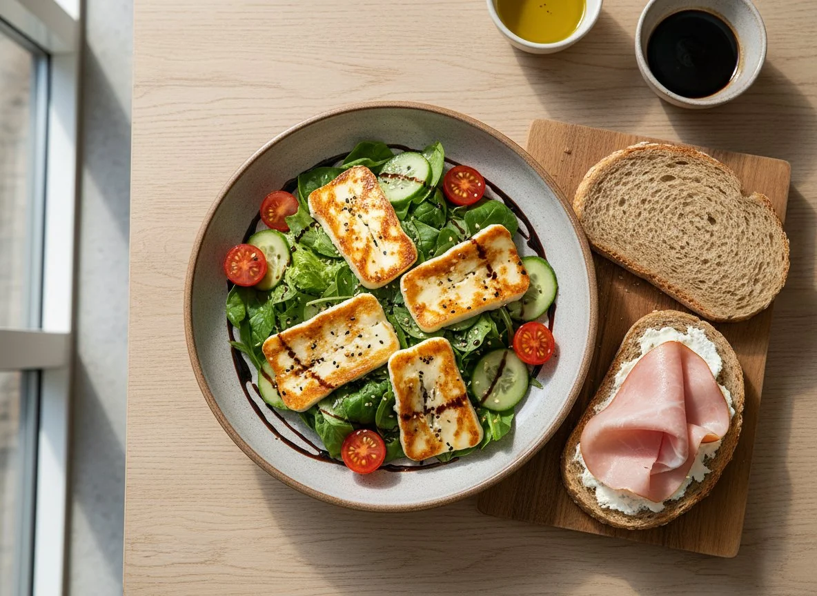 Salat mit Halloumi und Schinkenbrot photo