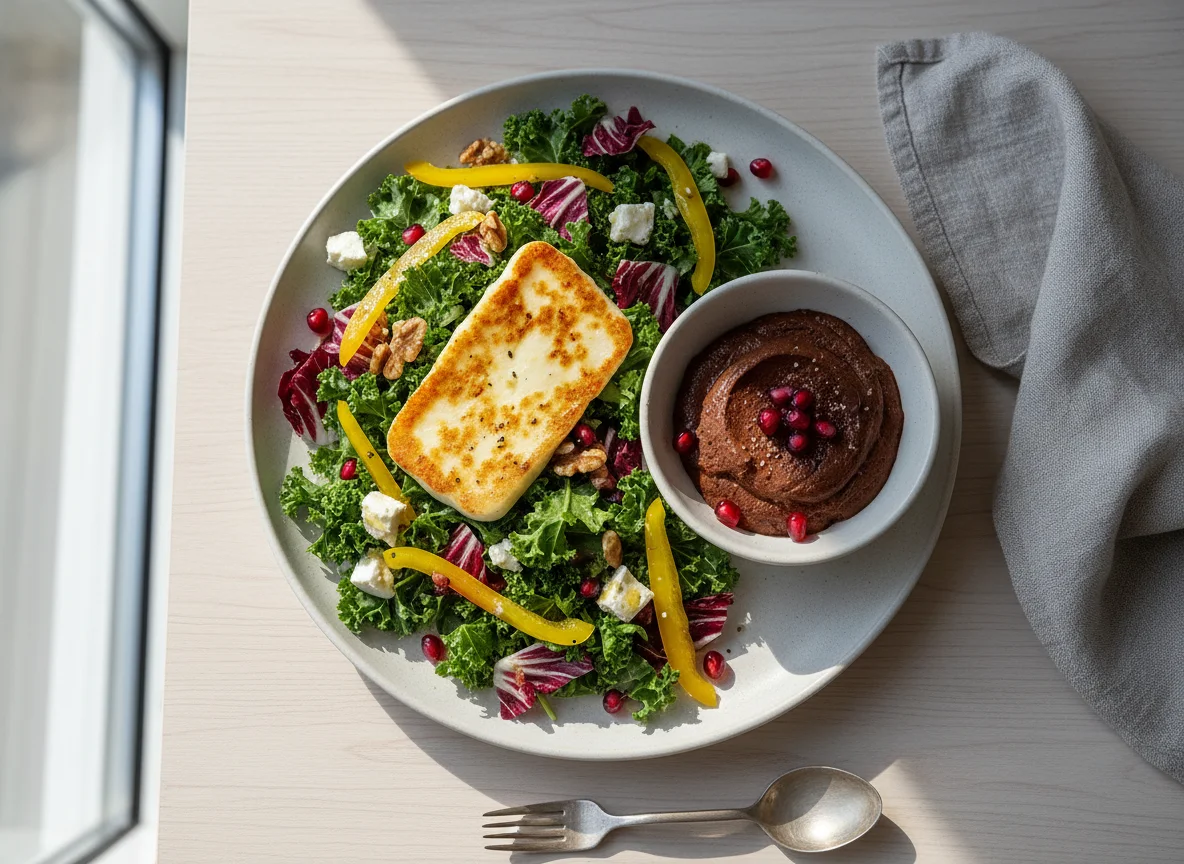 Salat mit Halloumi und Schokoladenmousse photo