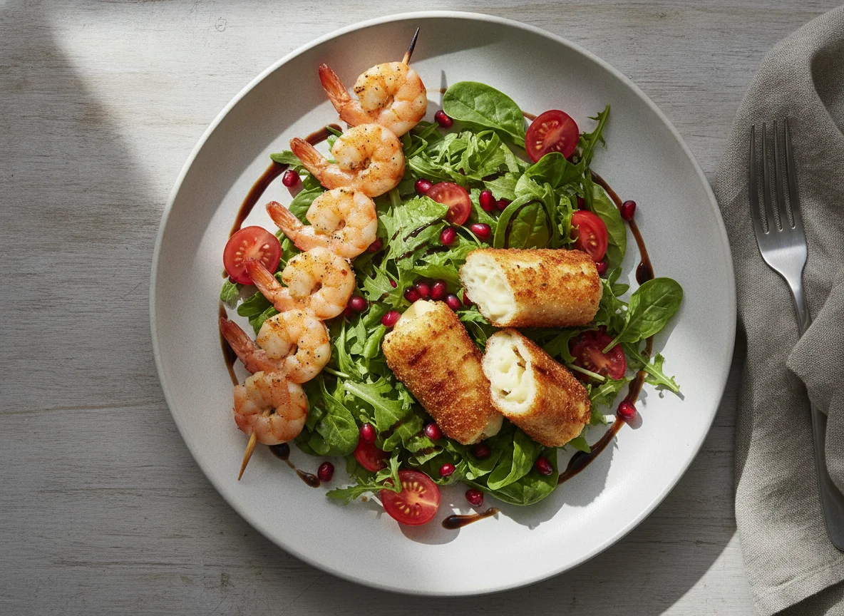 Salat mit Halloumi-Rollen und Garnelenspießen photo