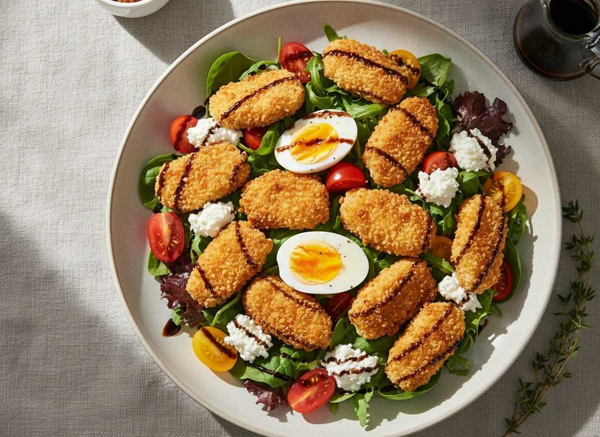 Salat mit hausgemachten Poulet-Nuggets, Hüttenkäse und Ei photo