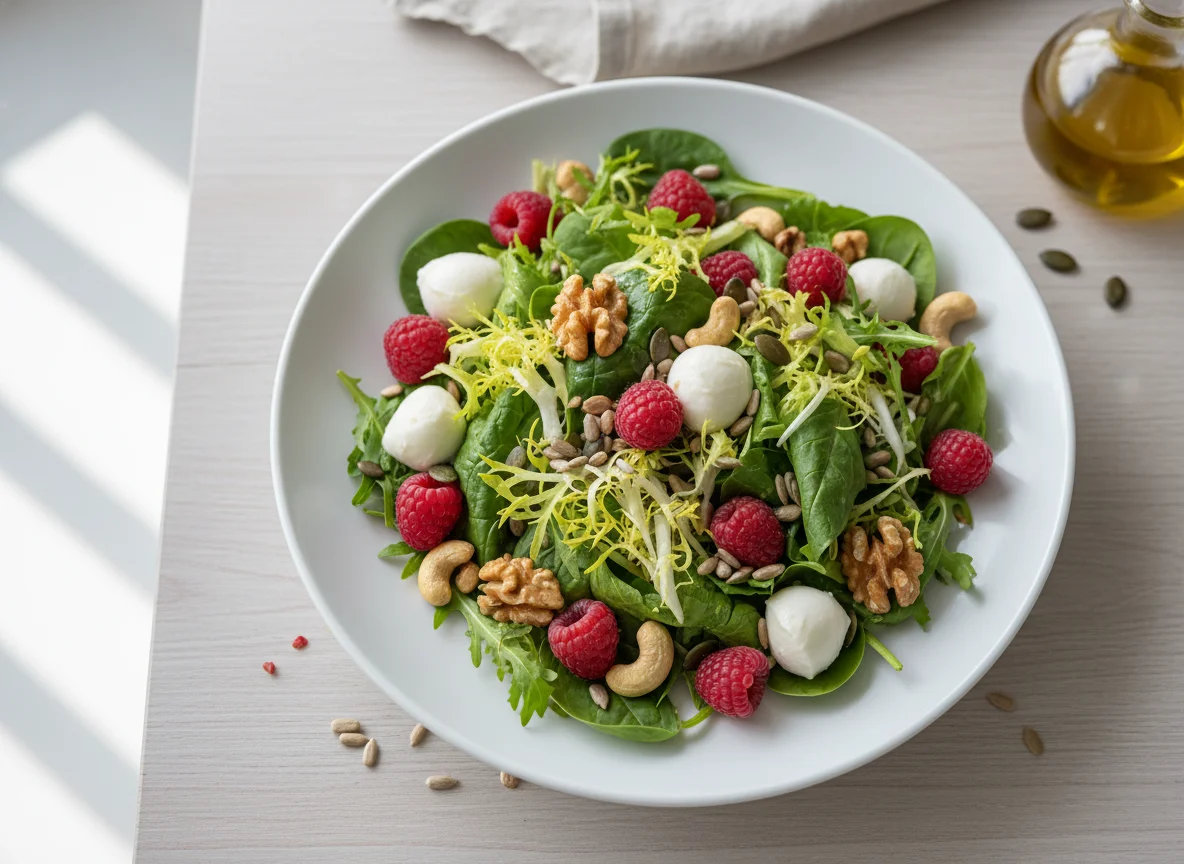 Salat mit Himbeeren, Nüssen und Käse photo