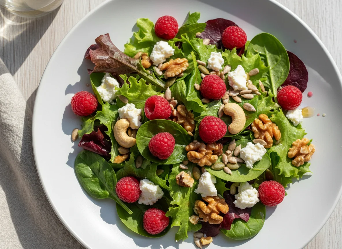 Salat mit Himbeeren, Nüssen und Kernen photo