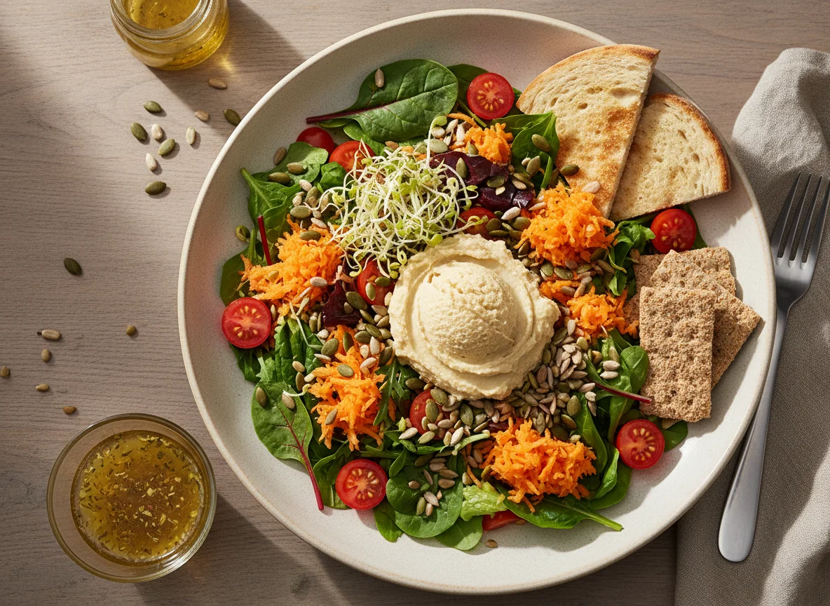 Salat mit Hummus und Kernen photo