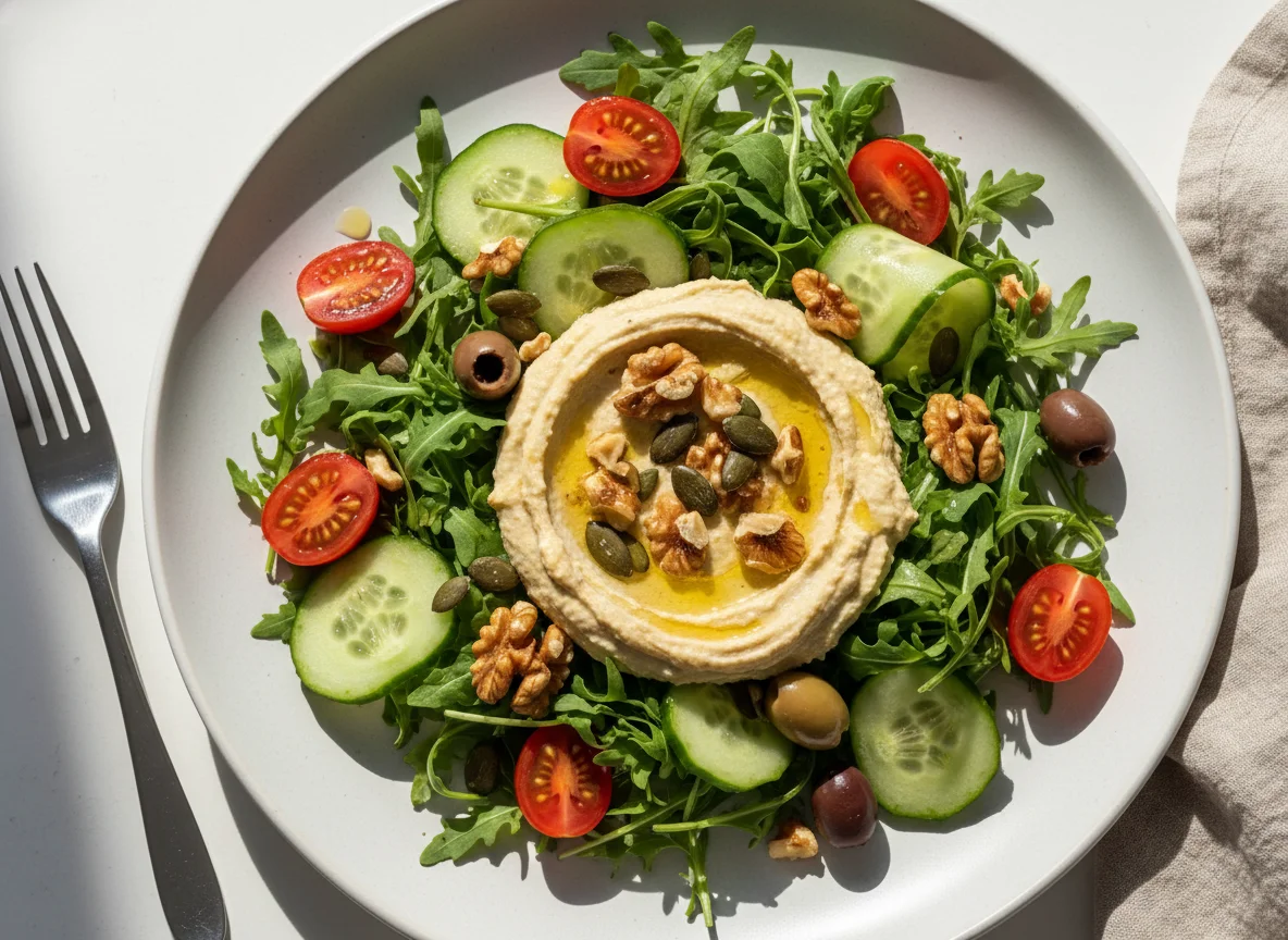 Salat mit Hummus und Nüssen photo