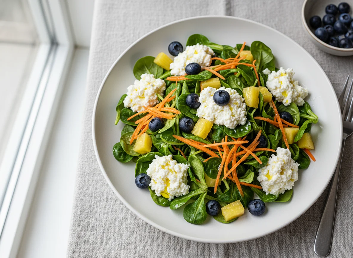 Salat mit Hüttenkäse, Blaubeeren und Karotten photo