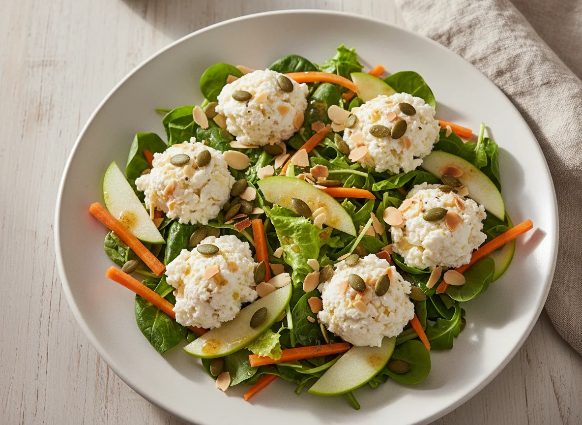 Salat mit Hüttenkäse, Kürbiskernen und Mandeln photo