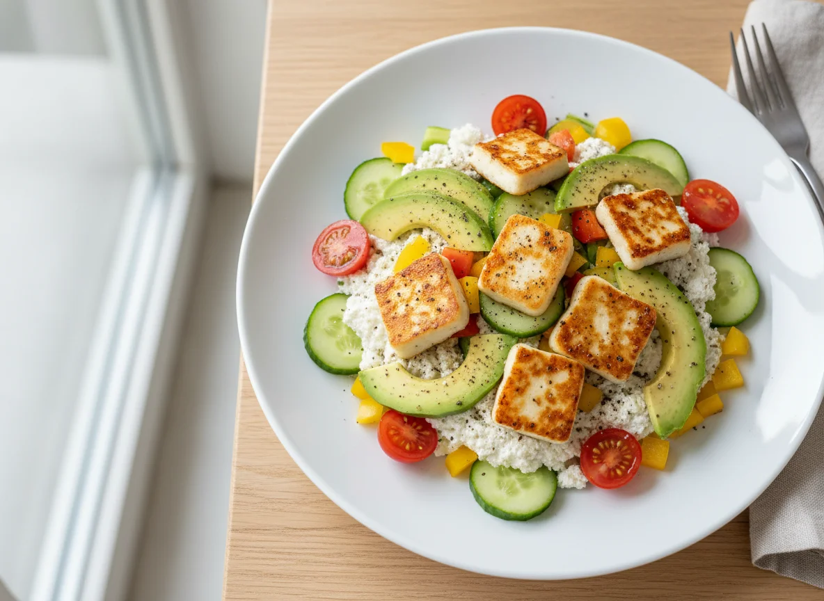 Salat mit Hüttenkäse und Halloumi photo
