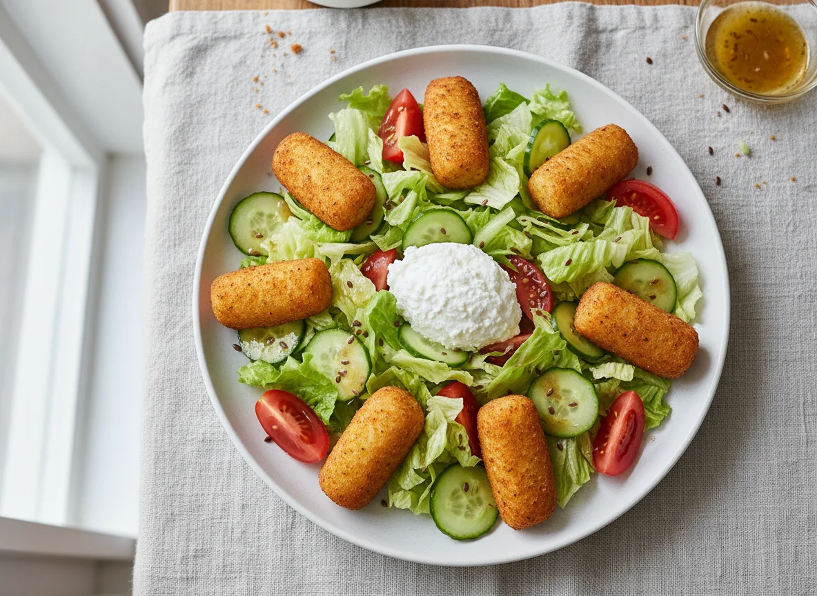 Salat mit Hüttenkäse und Kartoffelkroketten photo