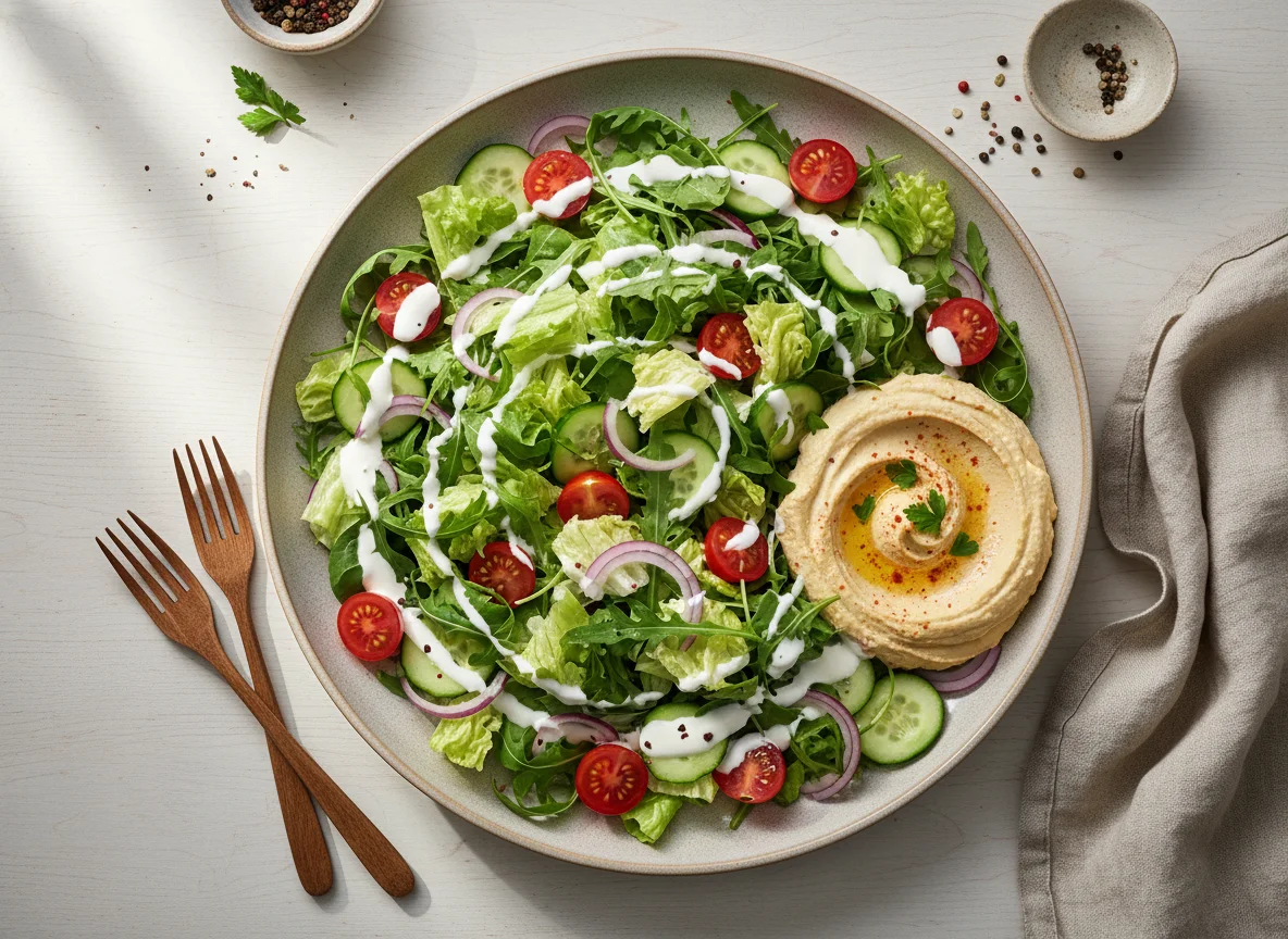 Salat mit Joghurt-Dressing und Hummus photo