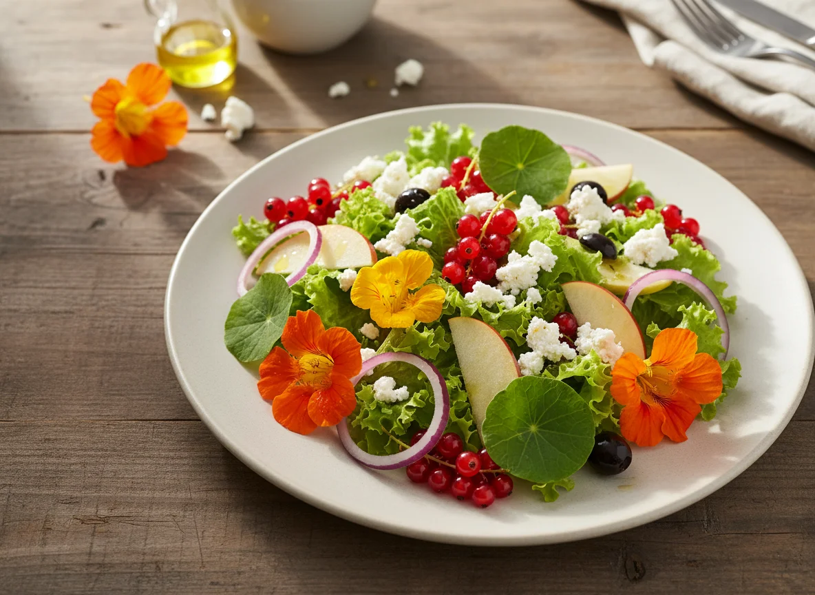 Salat mit Kapuzinerkresse und Feta photo