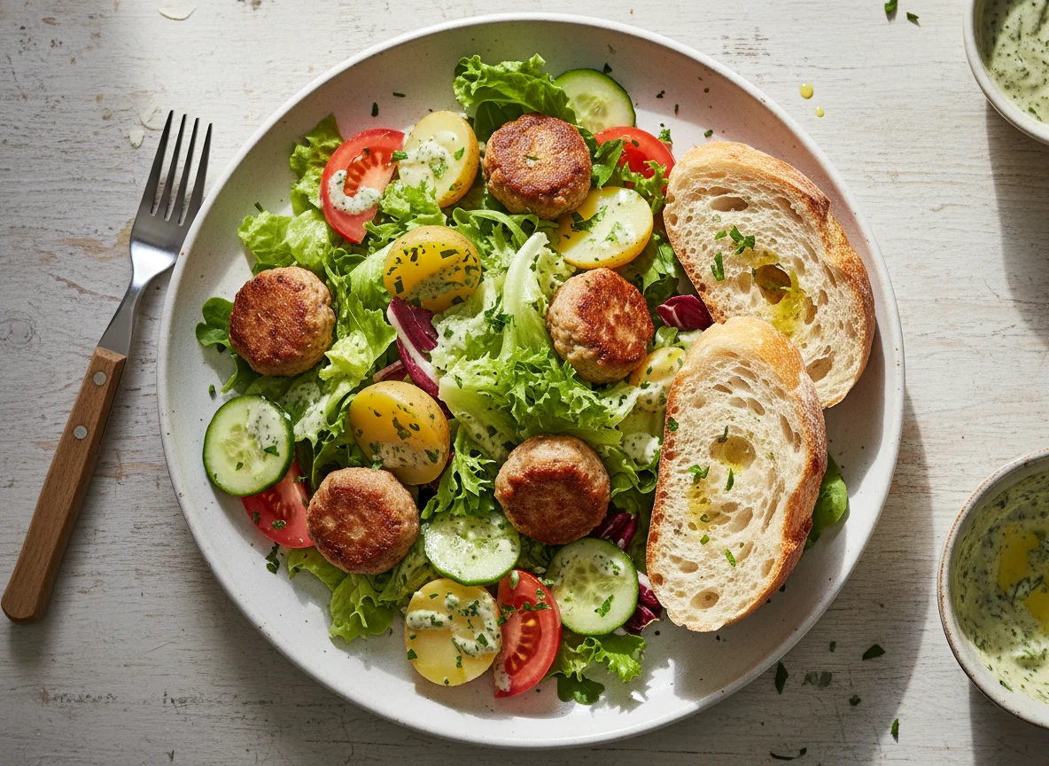 Salat mit Kartoffeln, Frikadellen und Baguette photo