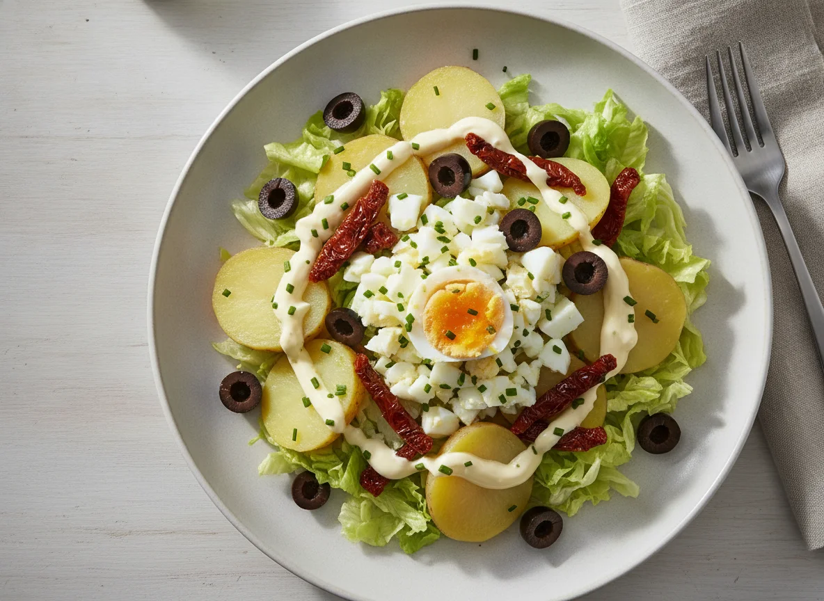Salat mit Kartoffeln, Oliven und Ei mit Mayonnaise photo